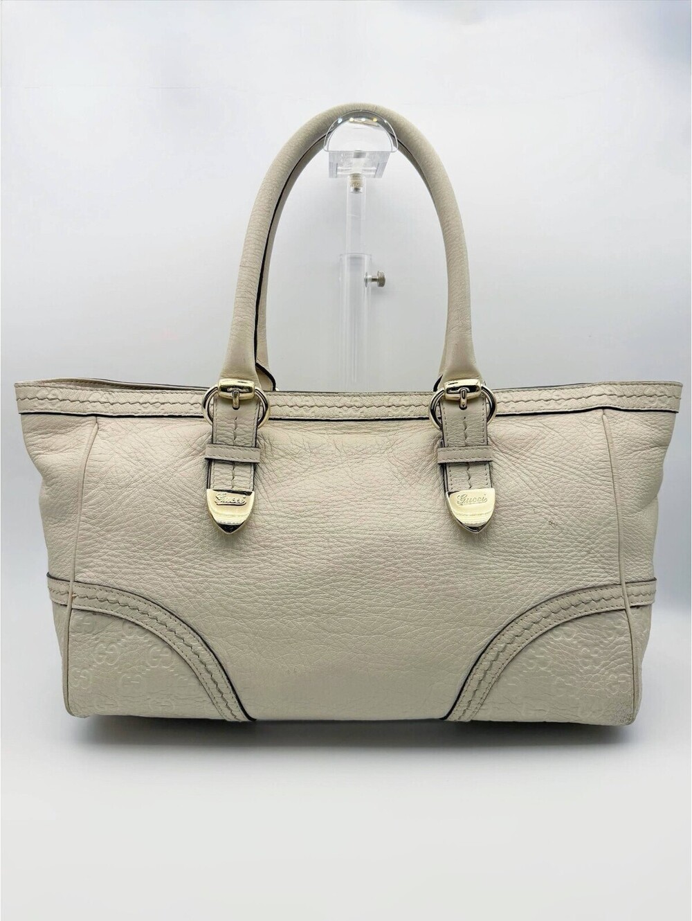 Gucci GG Signature Signoria Cream Ivory Leather Tote HandBag